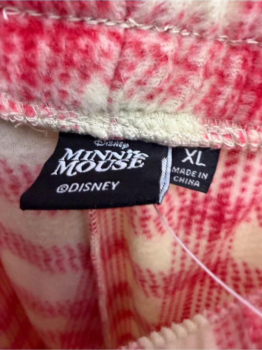 Disney Women’s Pink and Cream Plaid Fleece Pajama Pants with Minnie Patch NWT - Picture 2 of 4